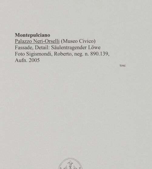 Rückseite von Sigismondi, Roberto [https://rightsstatements.org/page/CNE/1.0/] Palazzo Neri-OrselliFassade - Fassade, Detail: Säulentragender Löwe, bh589622_recto. Foto: Sigismondi, Roberto.