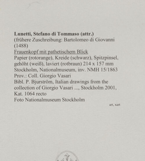 Rückseite von Nationalmuseum Stockholm [https://rightsstatements.org/page/CNE/1.0/] Frauenkopf mit pathetischem Blick - , bh589960_recto. Foto.