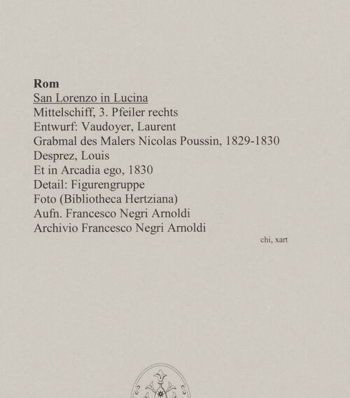 Rückseite von unbekannt [http://creativecommons.org/licenses/by-nc-sa/4.0/] Grabmal des Malers Nicolas PoussinEt in Arcadia ego - Detail: Figurengruppe, bh589979_recto. Foto: Negri Arnoldi, Francesco.