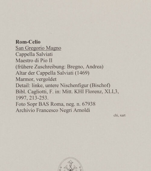 Rückseite von Sopr BAS Roma [https://www.deutsche-digitale-bibliothek.de/content/lizenzen/rv-ez/] Altar der Cappella Salviati - Detail: linke, untere Nischenfigur (Bischof), bh590089_recto. Foto.