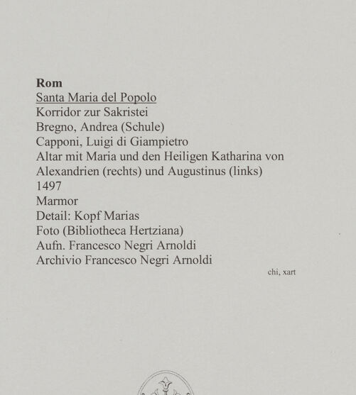 Rückseite von unbekannt [https://www.deutsche-digitale-bibliothek.de/content/lizenzen/rv-fz/] Altar mit Maria und den Heiligen Katharina von Alexandrien (rechts) und Augustinus (links) - Detail: Kopf Marias, bh590105_recto. Foto: Negri Arnoldi, Francesco.