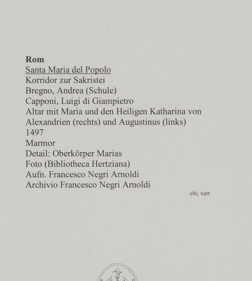 Rückseite von unbekannt [https://rightsstatements.org/page/CNE/1.0/] Altar mit Maria und den Heiligen Katharina von Alexandrien (rechts) und Augustinus (links) - Detail: Oberkörper Marias, bh590107_recto. Foto: Negri Arnoldi, Francesco.