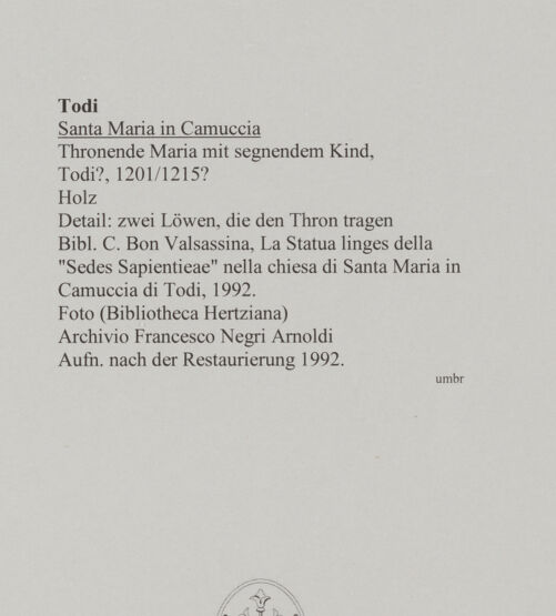 Rückseite von unbekannt [https://www.deutsche-digitale-bibliothek.de/content/lizenzen/rv-fz/] Thronende Maria mit segnendem Kind - Detail: zwei Löwen, die den Thron tragen, bh590210_recto. Foto.