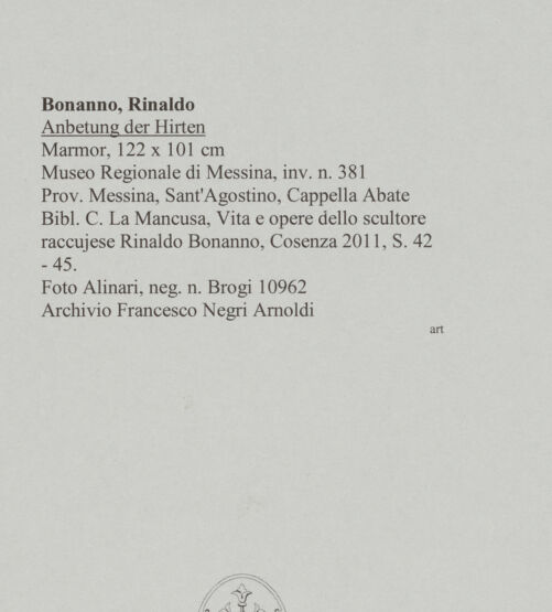 Rückseite von Alinari [https://www.deutsche-digitale-bibliothek.de/content/lizenzen/rv-ez/] Anbetung der Hirten - Gesamtansicht, bh590375_recto. Foto.