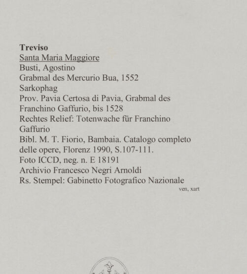 Rückseite von ICCD [https://www.deutsche-digitale-bibliothek.de/content/lizenzen/rv-ez/] Grabmal des Mercurio Bua - Rechtes Relief: Totenwache für Franchino Gaffurio, bh590397_recto. Foto.