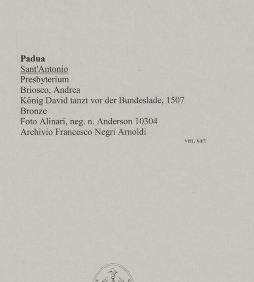 Rückseite von Alinari [https://www.deutsche-digitale-bibliothek.de/content/lizenzen/rv-ez/] Zwei Szenen aus dem Alten TestamentKönig David tanzt vor der Bundeslade - , bh590429_recto. Foto.