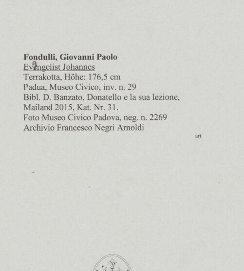 Rückseite von Museo Civico Padova [https://www.deutsche-digitale-bibliothek.de/content/lizenzen/rv-ez/] Evangelist Johannes - Gesamtansicht von vorn, bh590438_recto. Foto.