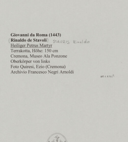 Rückseite von Quiresi, Ezio (Cremona) [https://www.deutsche-digitale-bibliothek.de/content/lizenzen/rv-ez/] Heiliger Petrus Martyr - Oberkörper von links, bh590655_recto. Foto.