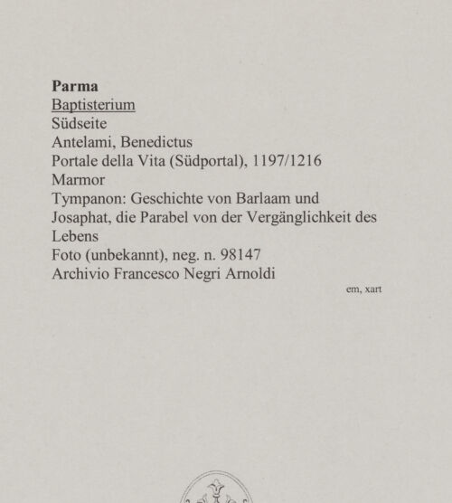 Rückseite von unbekannt [https://www.deutsche-digitale-bibliothek.de/content/lizenzen/rv-fz/] Portale della Vita (Südportal)Tympanon: Geschichte von Barlaam und Josaphat, die Parabel von der Vergänglichkeit des Lebens - Tympanon, bh590680_recto. Foto.