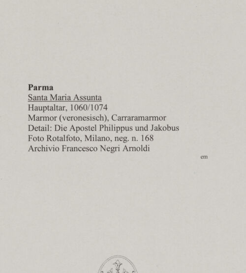 Rückseite von Rotalfoto, Milano [https://www.deutsche-digitale-bibliothek.de/content/lizenzen/rv-fz/] Hauptaltar - Detail: Die Apostel Philippus und Jakobus, bh590692_recto. Foto.