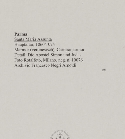 Rückseite von Rotalfoto, Milano [https://www.deutsche-digitale-bibliothek.de/content/lizenzen/rv-fz/] Hauptaltar - Detail: Die Apostel Simon und Judas, bh590693_recto. Foto.
