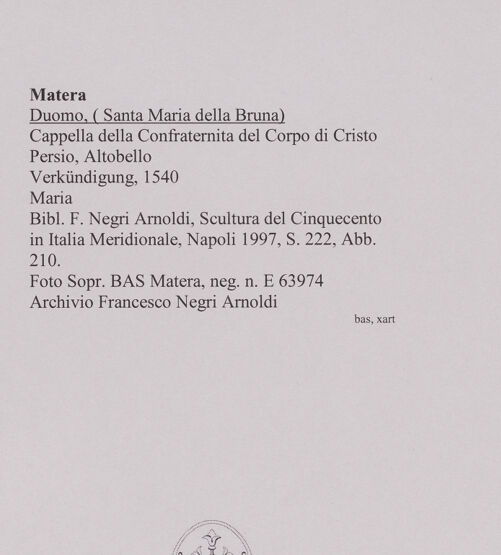 Rückseite von Sopr. BAS Matera [https://www.deutsche-digitale-bibliothek.de/content/lizenzen/rv-ez/] Verkündigung - Maria, bh590718_recto. Foto.