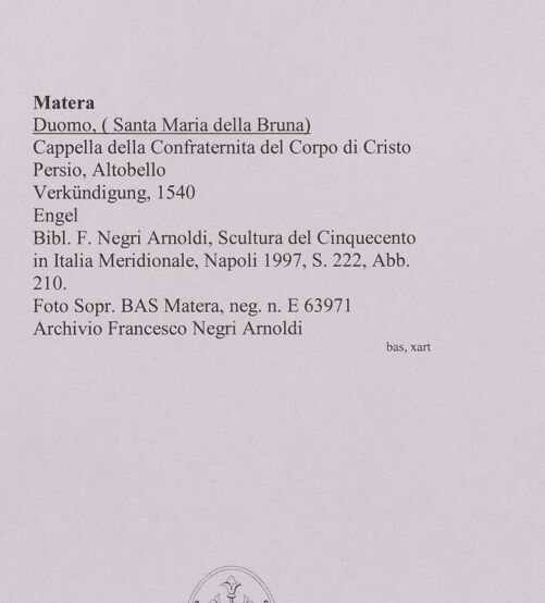Rückseite von Sopr. BAS Matera [https://www.deutsche-digitale-bibliothek.de/content/lizenzen/rv-ez/] Verkündigung - Engel, bh590719_recto. Foto.