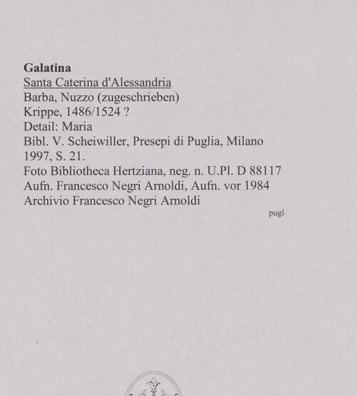 Rückseite von Bibliotheca Hertziana [https://www.deutsche-digitale-bibliothek.de/content/lizenzen/rv-fz/] Krippe - Detail: Maria, bh590742_recto. Foto: Negri Arnoldi, Francesco.