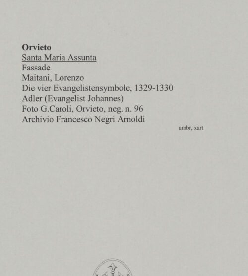 Rückseite von G. Caroli, Orvieto [https://www.deutsche-digitale-bibliothek.de/content/lizenzen/rv-fz/] Die vier EvangelistensymboleAdler (Evangelist Johannes) - Gesamtansicht, bh590756_recto. Foto.