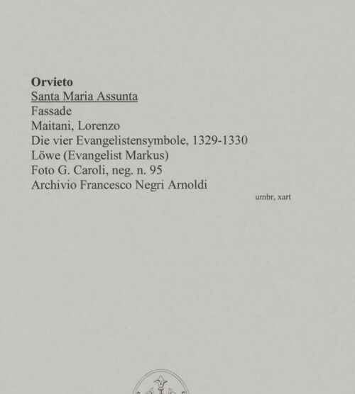 Rückseite von Foto Stampa Angeli Terni [https://www.deutsche-digitale-bibliothek.de/content/lizenzen/rv-fz/] Die vier EvangelistensymboleLöwe (Evangelist Markus) - Gesamtansicht, bh590758_recto. Foto.