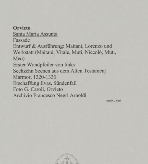 Rückseite von Foto G. Caroli, Orvieto [https://rightsstatements.org/page/CNE/1.0/] Szenen aus der Heiligen SchriftSechzehn Szenen aus dem Alten Testament - Erschaffung Evas, Sündenfall, bh590765_recto. Foto.