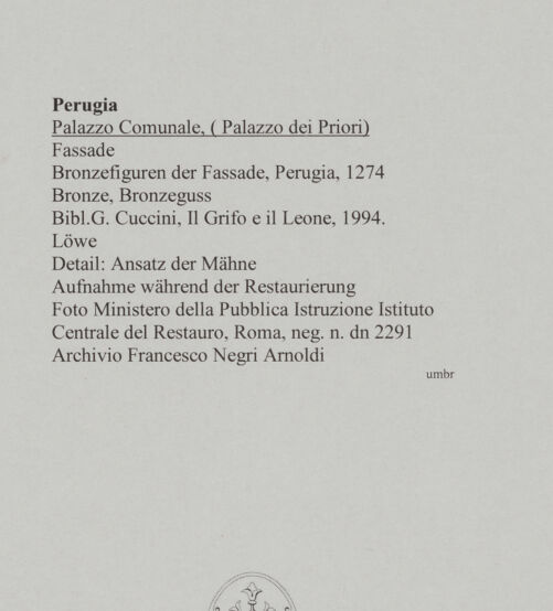 Rückseite von Ministero della Pubblica Istruzione Istituto Centrale del Restauro, Roma [https://www.deutsche-digitale-bibliothek.de/content/lizenzen/rv-ez/] Bronzefiguren der FassadeLöwe - Detail: Ansatz der Mähne, bh590799_recto. Foto.