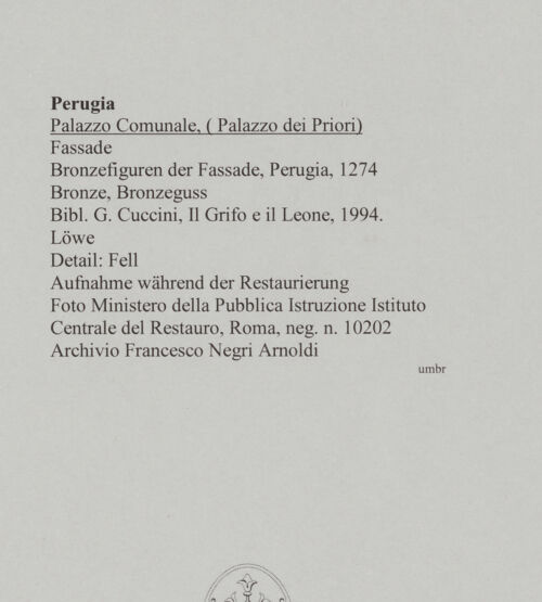 Rückseite von Ministero della Pubblica Istruzione Istituto Centrale del Restauro, Roma [https://www.deutsche-digitale-bibliothek.de/content/lizenzen/rv-ez/] Bronzefiguren der FassadeLöwe - Detail: Fell, bh590800_recto. Foto.