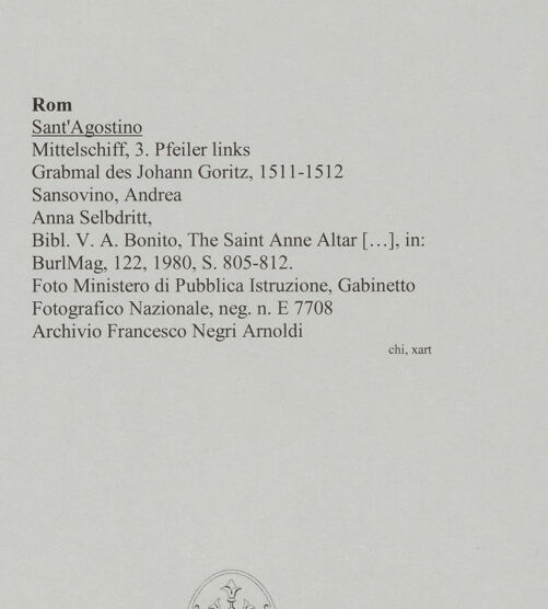 Rückseite von Ministero di Pubblica Istruzione, Gabinetto Fotografico Nazionale [https://www.deutsche-digitale-bibliothek.de/content/lizenzen/rv-ez/] Grabmal des Johann GoritzAnna Selbdritt - Figurengruppe Anna Selbdritt mit Sockel, bh590982_recto. Foto.