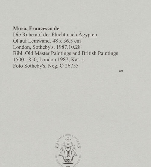 Rückseite von Sotheby's [https://www.deutsche-digitale-bibliothek.de/content/lizenzen/rv-ez/] Die Ruhe auf der Flucht nach Ägypten - , bh591041_recto. Foto.