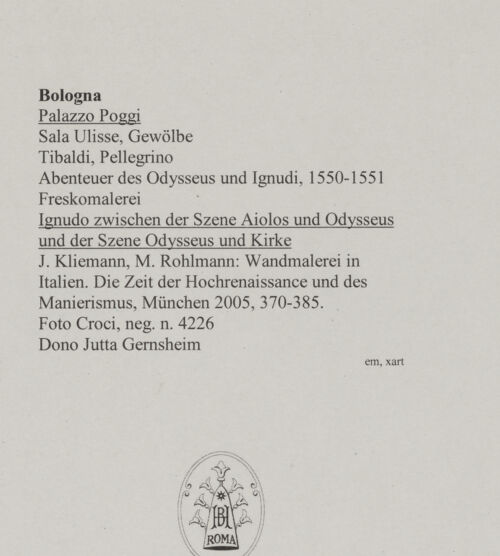 Rückseite von Croci [https://rightsstatements.org/page/CNE/1.0/] Abenteuer des Odysseus und IgnudiIgnudo (zwischen der Szene Aiolos und Odysseus und der Szene Odysseus und Kirke) - Gesamtansicht, bh591313_recto. Foto.