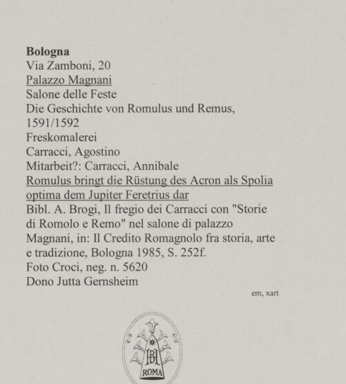 Rückseite von Croci [https://www.deutsche-digitale-bibliothek.de/content/lizenzen/rv-ez/] Die Geschichte von Romulus und RemusRomulus bringt die Rüstung des Acron als Spolia optima dem Jupiter Feretrius dar - Gesamtansicht, bh591324_recto. Foto.