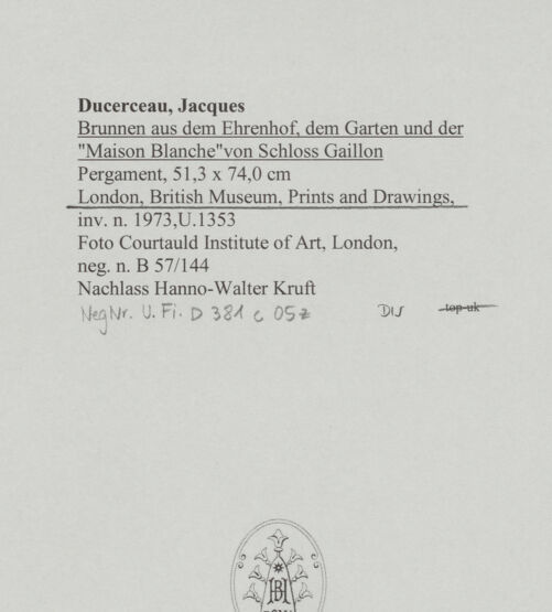 Rückseite von Bibliotheca Hertziana [https://www.deutsche-digitale-bibliothek.de/content/lizenzen/rv-ez/] Brunnen aus dem Ehrenhof, dem Garten und der "Maison Blanche" von Schloss Gaillon - , bh591507_recto. Foto.