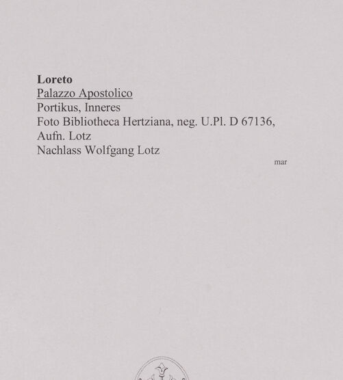 Rückseite von Bibliotheca Hertziana [https://www.deutsche-digitale-bibliothek.de/content/lizenzen/rv-fz/] Palazzo Apostolico - Portikus, Inneres, bh591662_recto. Foto: Lotz, ?.