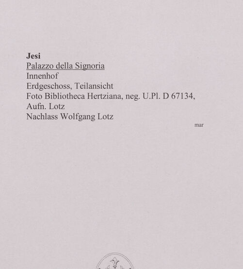 Rückseite von Bibliotheca Hertziana [https://www.deutsche-digitale-bibliothek.de/content/lizenzen/rv-fz/] Palazzo della Signoria - Erdgeschoss, Teilansicht, bh591664_recto. Foto: Lotz, ?.