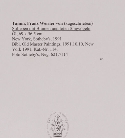 Rückseite von Sotheby's [https://www.deutsche-digitale-bibliothek.de/content/lizenzen/rv-ez/] Stilleben mit Blumen und toten Singvögeln - , bh592913_recto. Foto.