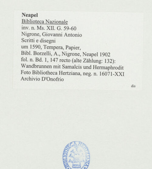 Rückseite von Bibliotheca Hertziana [http://creativecommons.org/publicdomain/mark/1.0/] Scritti e disegniWandbrunnen mit Samalcis und Hermaphrodit - , bh593627_recto. Foto: D'Onofrio, Cesare.