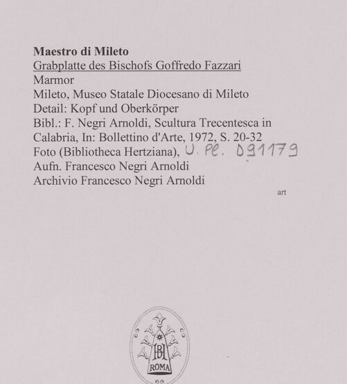 Rückseite von Bibliotheca Hertziana [https://www.deutsche-digitale-bibliothek.de/content/lizenzen/rv-fz/] Gisant des Bischofs Goffredo Fazzari (gest. 1339) - Kopf und Oberkörper, bh594635_recto. Foto: Negri Arnoldi, Francesco.