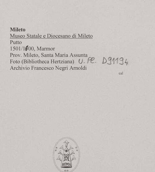 Rückseite von Bibliotheca Hertziana [https://www.deutsche-digitale-bibliothek.de/content/lizenzen/rv-fz/] Putto - Gesamtansicht, bh594674_recto. Foto.