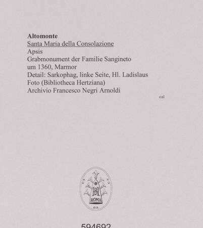 Rückseite von unbekannt [https://www.deutsche-digitale-bibliothek.de/content/lizenzen/rv-fz/] Grabmonument der SanginetoSarkophag mit Liegefigur - Detail: linke Seite Grabmal, Hl. Ladislaus, bh594692_recto. Foto.