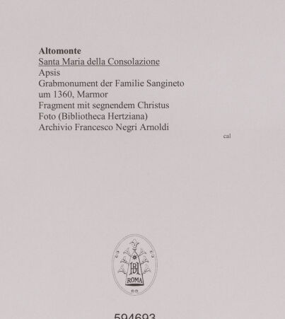 Rückseite von unbekannt [https://www.deutsche-digitale-bibliothek.de/content/lizenzen/rv-fz/] Grabmonument der Sangineto - Fragment mit segnendem Christus, bh594693_recto. Foto.