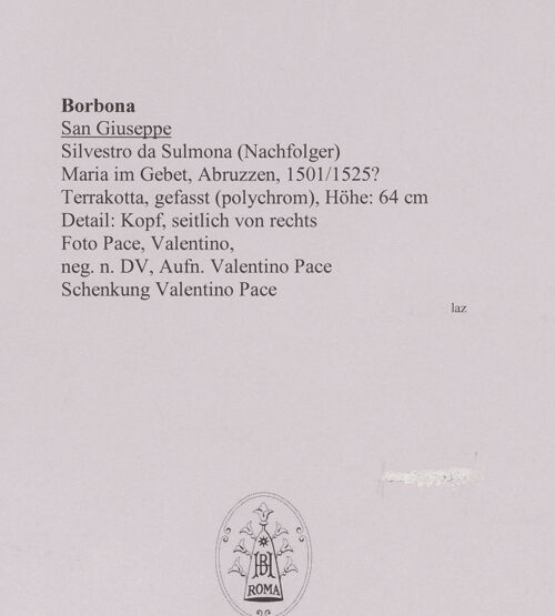 Rückseite von Pace, Valentino [https://www.deutsche-digitale-bibliothek.de/content/lizenzen/rv-fz/] Maria im Gebet - Detail: Kopf, seitlich von rechts, bh594716_recto. Foto: Pace, Valentino.