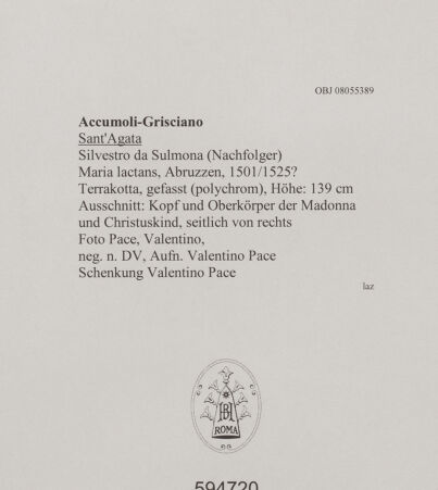 Rückseite von Pace, Valentino [https://www.deutsche-digitale-bibliothek.de/content/lizenzen/rv-fz/] Maria lactans - Ausschnitt: Kopf und Oberkörper der Madonna und Christuskind, seitlich von rechts, bh594720_recto. Foto: Pace, Valentino.