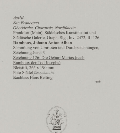Rückseite von Städelsches Kunstinstitut und Städtische Galerie [https://www.deutsche-digitale-bibliothek.de/content/lizenzen/rv-ez/] Sammlung von Umrissen und Durchzeichnungen, dienend zur Geschichte der bildenden Künste des Mittelalters in Italien, gezeichnet von J.A. Ramboux aus Trier in den Jahren 1818 bis 1822 und den Jahren 1833 bis 1843Zeichnungsband 3Zeichnung 126: Die Geburt Marias (nach Ramboux der Tod Josephs) - , bh594753_recto. Foto.