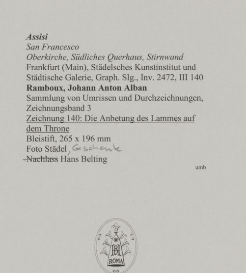 Rückseite von Städelsches Kunstinstitut und Städtische Galerie [https://www.deutsche-digitale-bibliothek.de/content/lizenzen/rv-ez/] Sammlung von Umrissen und Durchzeichnungen, dienend zur Geschichte der bildenden Künste des Mittelalters in Italien, gezeichnet von J.A. Ramboux aus Trier in den Jahren 1818 bis 1822 und den Jahren 1833 bis 1843Zeichnungsband 3Zeichnung 140: Die Anbetung des Lammes auf dem Throne - , bh594764_recto. Foto.