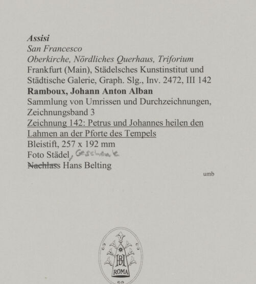 Rückseite von Städelsches Kunstinstitut und Städtische Galerie [https://www.deutsche-digitale-bibliothek.de/content/lizenzen/rv-ez/] Sammlung von Umrissen und Durchzeichnungen, dienend zur Geschichte der bildenden Künste des Mittelalters in Italien, gezeichnet von J.A. Ramboux aus Trier in den Jahren 1818 bis 1822 und den Jahren 1833 bis 1843Zeichnungsband 3Zeichnung 142: Petrus und Johannes heilen den Lahmen an der Pforte des Tempels - , bh594765_recto. Foto.
