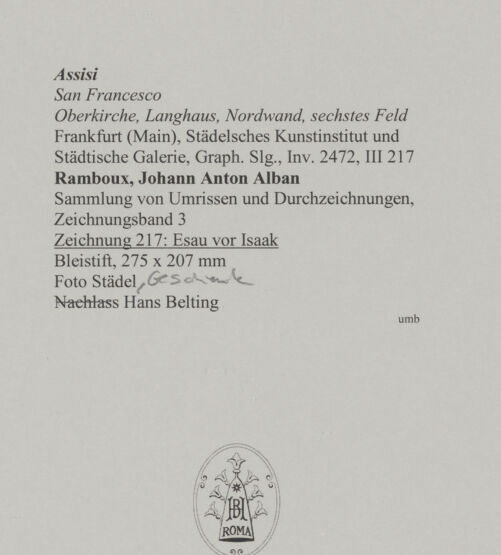 Rückseite von Städelsches Kunstinstitut und Städtische Galerie [https://www.deutsche-digitale-bibliothek.de/content/lizenzen/rv-ez/] Sammlung von Umrissen und Durchzeichnungen, dienend zur Geschichte der bildenden Künste des Mittelalters in Italien, gezeichnet von J.A. Ramboux aus Trier in den Jahren 1818 bis 1822 und den Jahren 1833 bis 1843Zeichnungsband 3Zeichnung 217: Esau vor Isaak - , bh594773_recto. Foto.