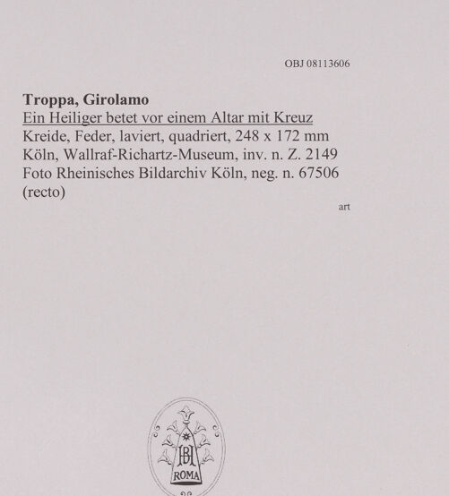 Rückseite von Rheinisches Bildarchiv Köln [https://www.deutsche-digitale-bibliothek.de/content/lizenzen/rv-ez/] Ein Heiliger betet vor einem Altar mit Kreuz - , bh594872_recto. Foto.