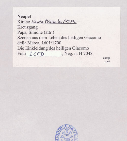 Rückseite von ICCD [https://www.deutsche-digitale-bibliothek.de/content/lizenzen/rv-ez/] Szenen aus dem Leben des heiligen Jakob von der Mark (Giacomo della Marca)Maria erscheint dem heiligen Jakob - Gesamtansicht, bh594945_recto. Foto.