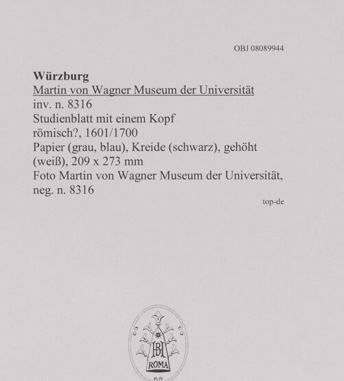 Rückseite von Martin von Wagner Museum der Universität [https://www.deutsche-digitale-bibliothek.de/content/lizenzen/rv-ez/] Studienblatt mit einem Kopf - , bh594998_recto. Foto.