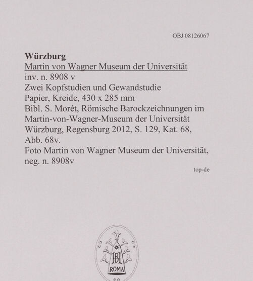Rückseite von Martin von Wagner Museum der Universität [https://www.deutsche-digitale-bibliothek.de/content/lizenzen/rv-ez/] Zwei Kopfstudien und Gewandstudie - , bh594999_recto. Foto.