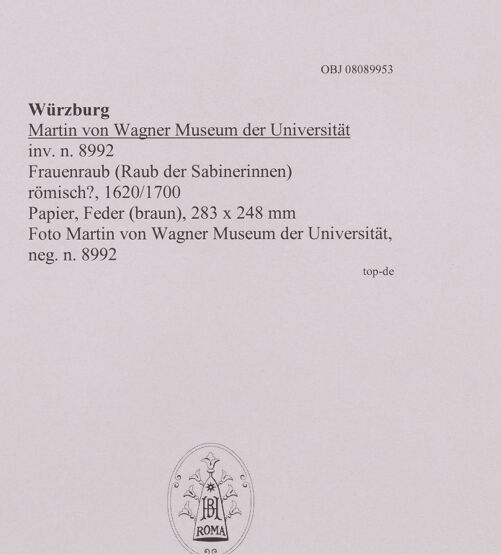 Rückseite von Martin von Wagner Museum der Universität [https://www.deutsche-digitale-bibliothek.de/content/lizenzen/rv-ez/] Frauenraub (Raub der Sabinerinnen) - , bh595014_recto. Foto.