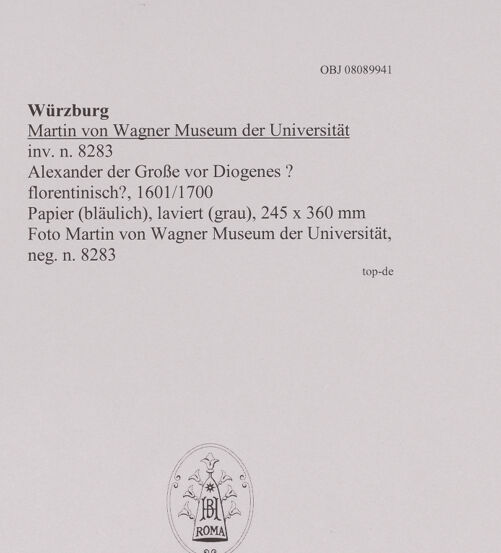 Rückseite von Martin von Wagner Museum der Universität [https://www.deutsche-digitale-bibliothek.de/content/lizenzen/rv-ez/] Alexander der Große vor Diogenes ? - , bh595016_recto. Foto.