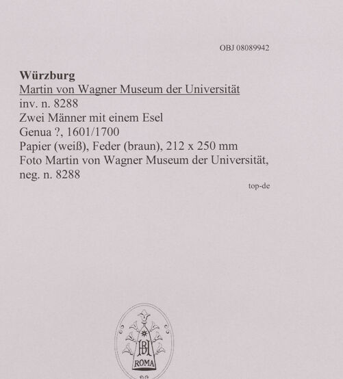 Rückseite von Martin von Wagner Museum der Universität [https://www.deutsche-digitale-bibliothek.de/content/lizenzen/rv-ez/] Zwei Männer mit einem Esel - , bh595031_recto. Foto.