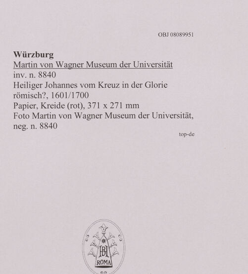 Rückseite von Martin von Wagner Museum der Universität [https://www.deutsche-digitale-bibliothek.de/content/lizenzen/rv-ez/] Heiliger Johannes vom Kreuz in der Glorie - , bh595056_recto. Foto.